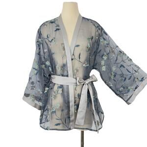 Maison Lejaby Paris Sheer Blue Floral Embroidered Kimono Robe Belted | M